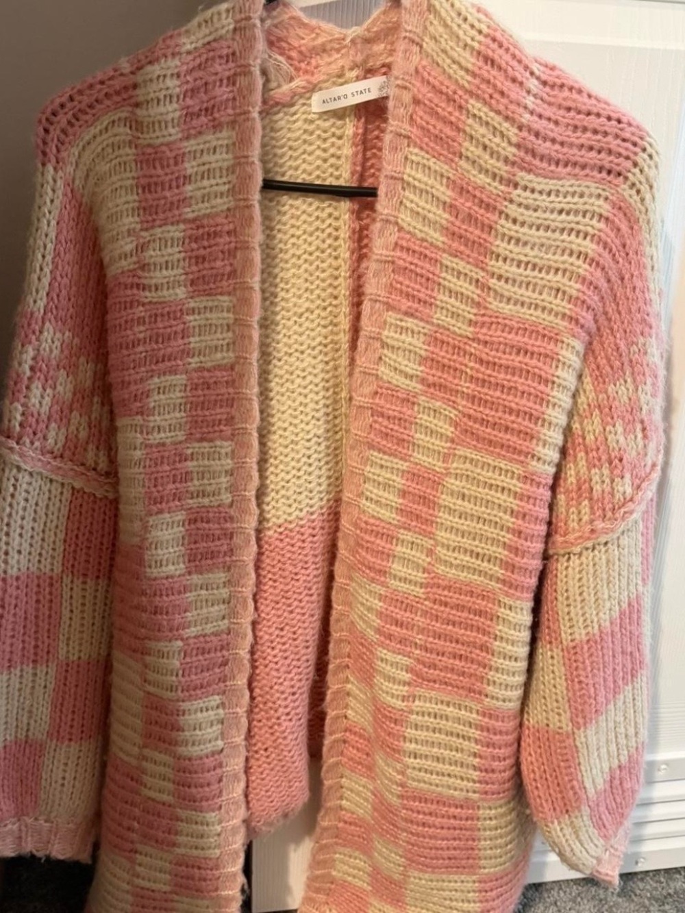 Altar'd State Pink & Cream Checkered Open Front Cardigan